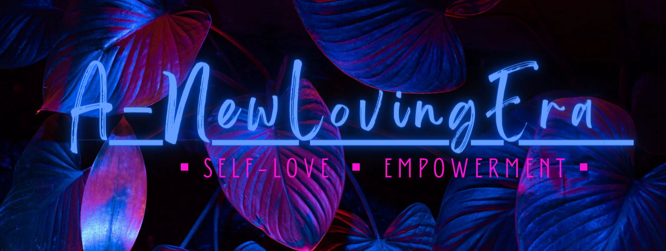 Purple pedals with shiny blue fillers, with the sites name on top in bright blue "a-newlovingera"; words in bold Hot pink that read :Self-LOVE" and "Empowerment."